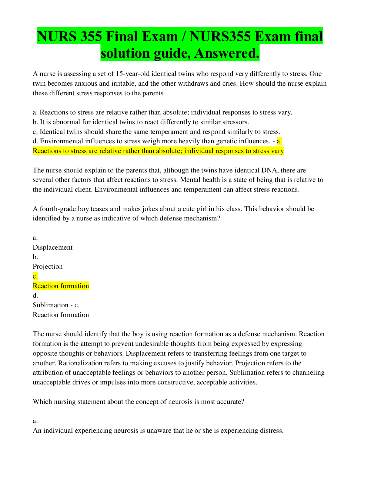 Preview of NURS 355 Final Exam / NURS355 Exam final solution guide_Answered.